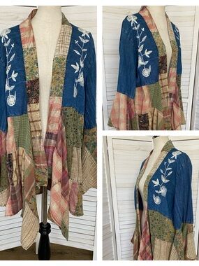 Young Threads Embroidered Boho Patchwork Open-Front Kimono SZ XL 100% Cotton